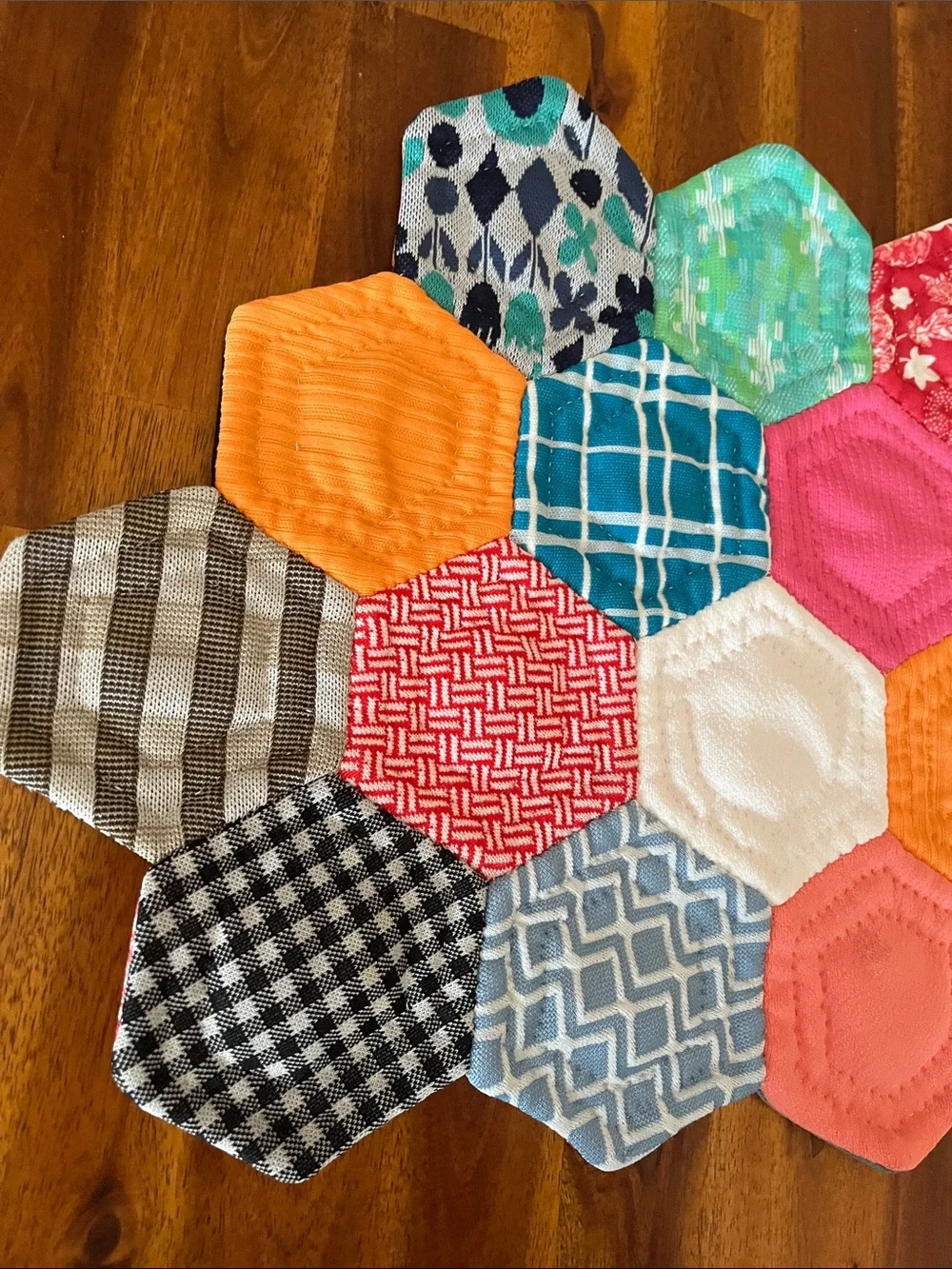 2 Vtg Geometric Handmade Placemats From Old 70s Fabric Pieces MCM Retro